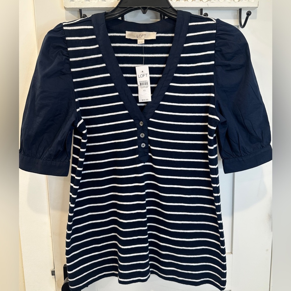 Loft Navy Striped Puff Sleeve Women’s Blouse Size XS